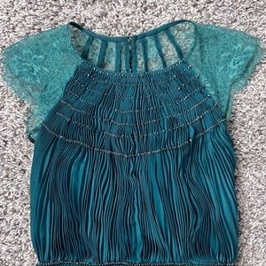 Catherine Deane Emerald Lace Back Pleated Gown